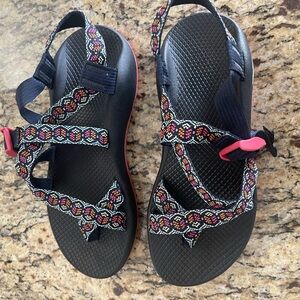 Women's Chacos pink black and blue adjustable strap